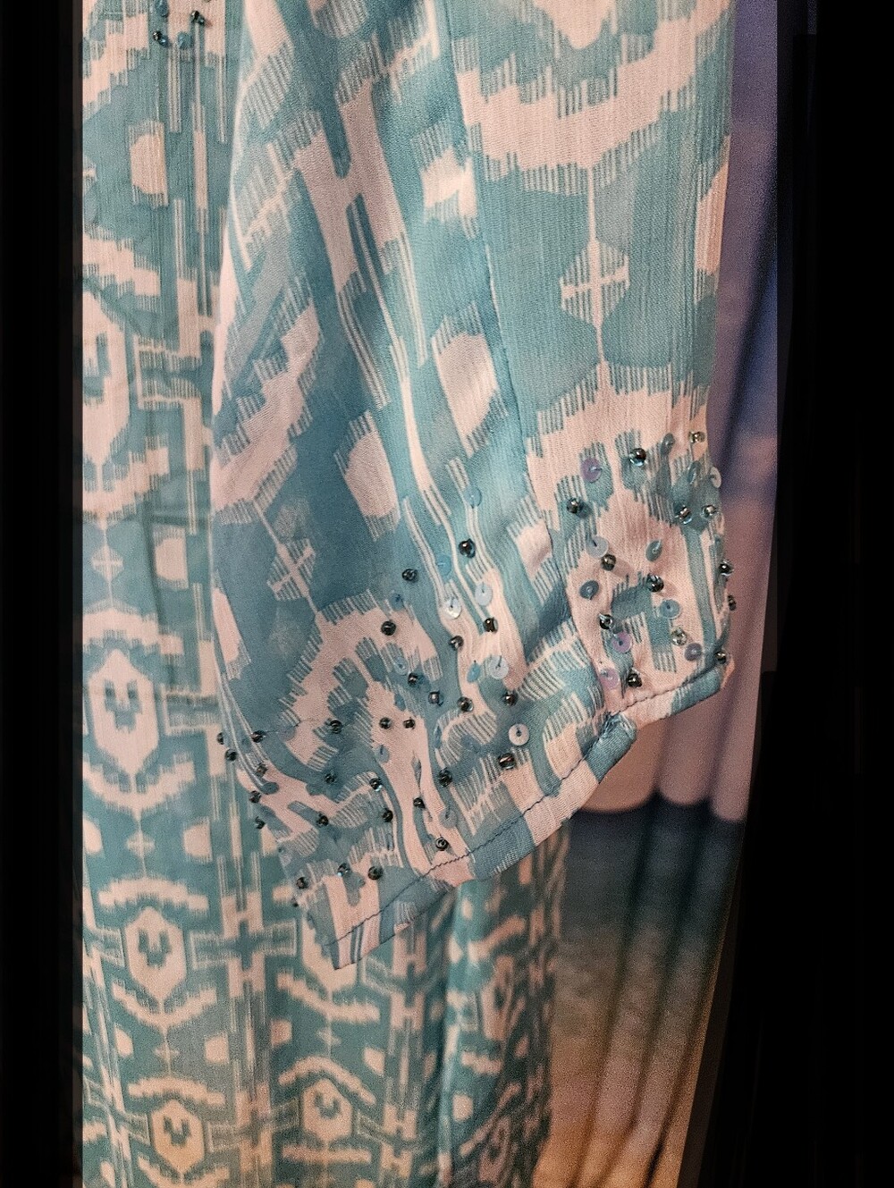 Susan Graver   Abstract Ikat Aqua Long-Sleeve Women's Dress or Beach Coverup - Picture 4 of 9